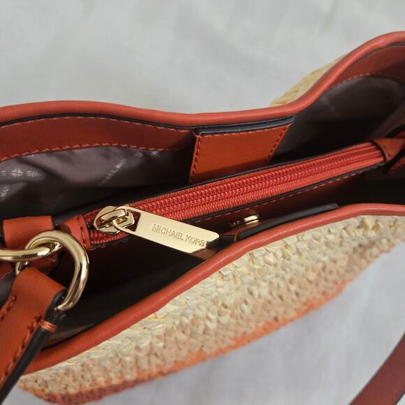 Michael Kors Pratt Medium Ombre Straw Shoulder Bag Red Clay Orange Summer Boho - Picture 8 of 15